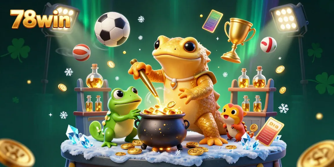 Experience the dynamic excitement of 78win with vibrant sports elements, golden treasures, and engaging characters.