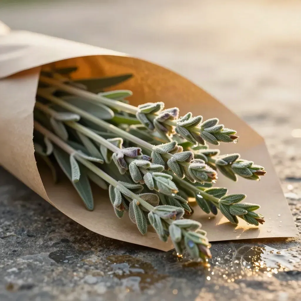 Bouquet di salvia fresca su pietra bagnata, con gambi diagonali e riflessi dorati.