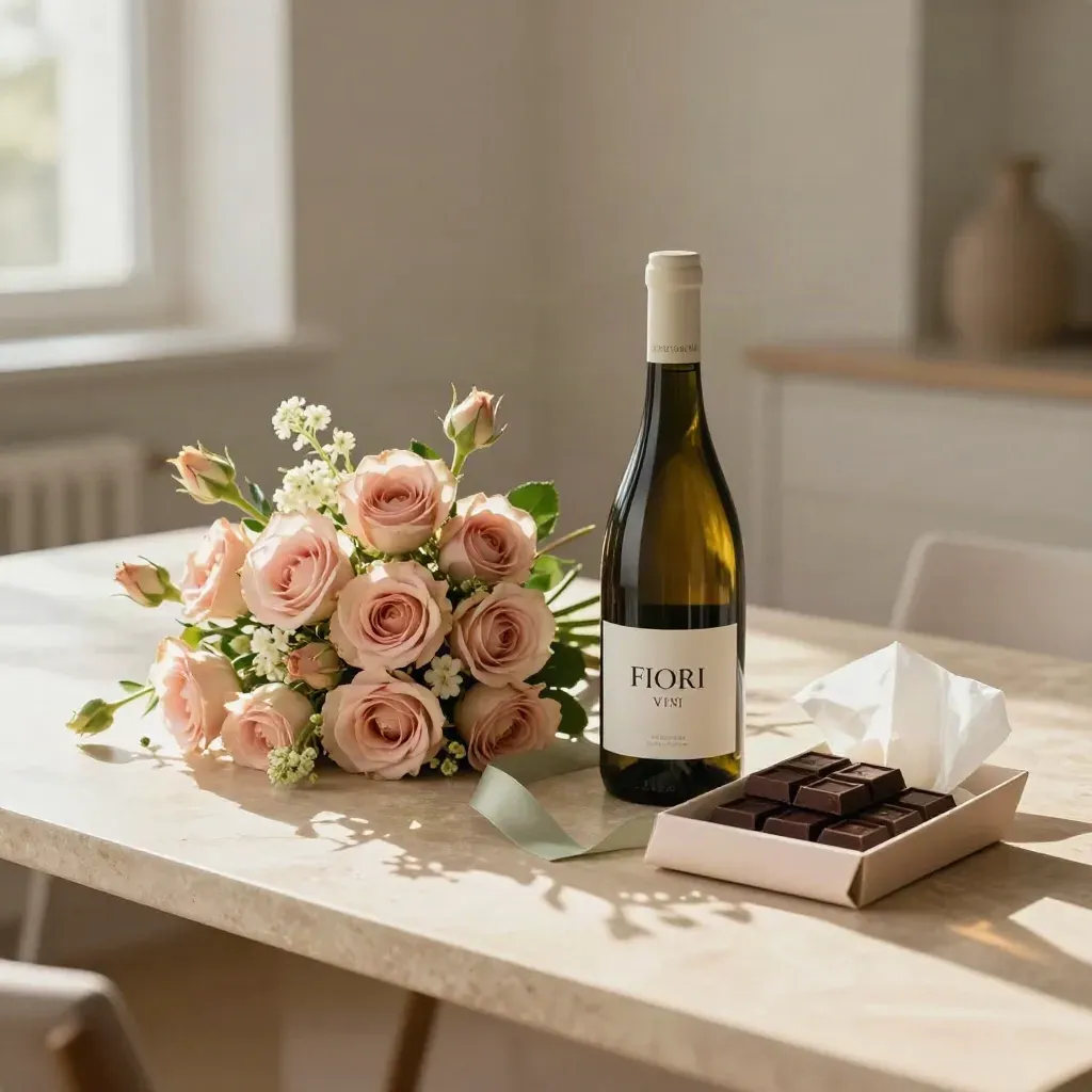 Set regalo con fiori rosa, vino neutro e cioccolato su pietra chiara.