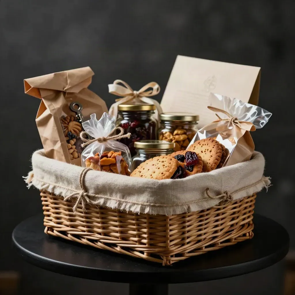Cesto gourmet con snack dolci e salati, vasetti e pacchi intrecciati su fondo scuro.