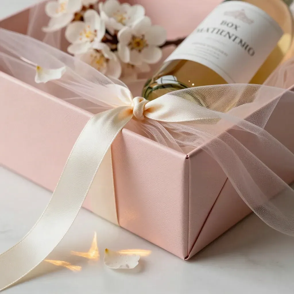 Box regalo rosa con vino bianco, tulle morbido e fiori chiari in luce elegante