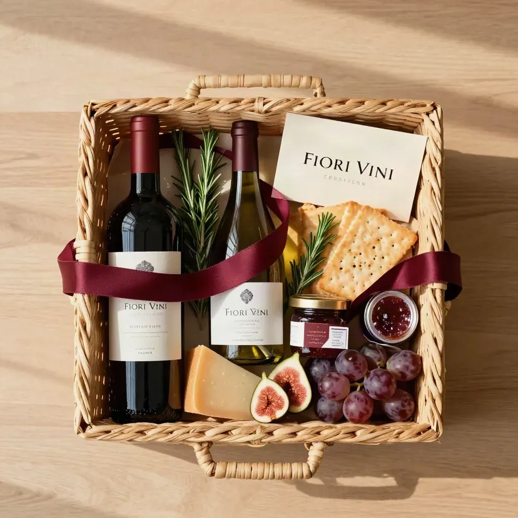 Cesta aziendale con vini e gourmet in flatlay dall’alto su legno chiaro