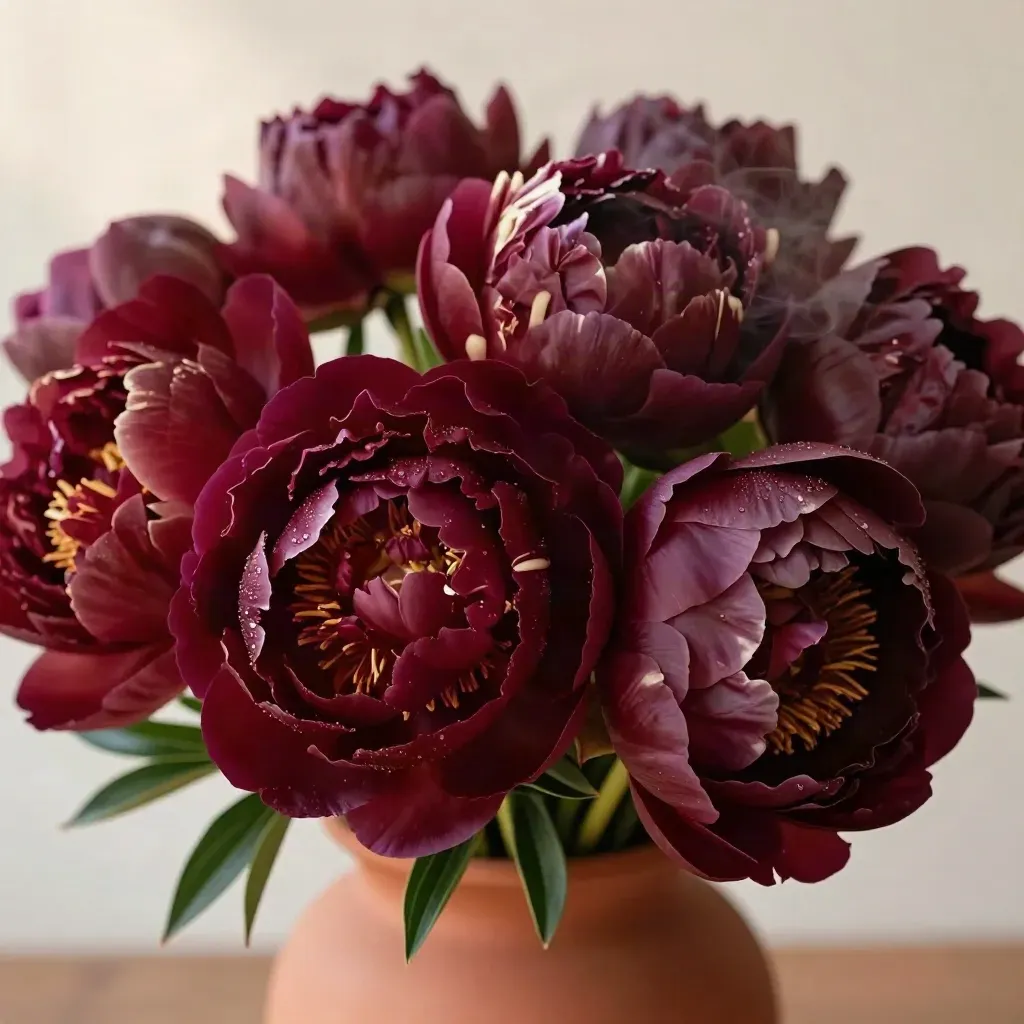 Bouquet di peonie borgogna in macro, con petali pieni, foglie scure e luce morbida.