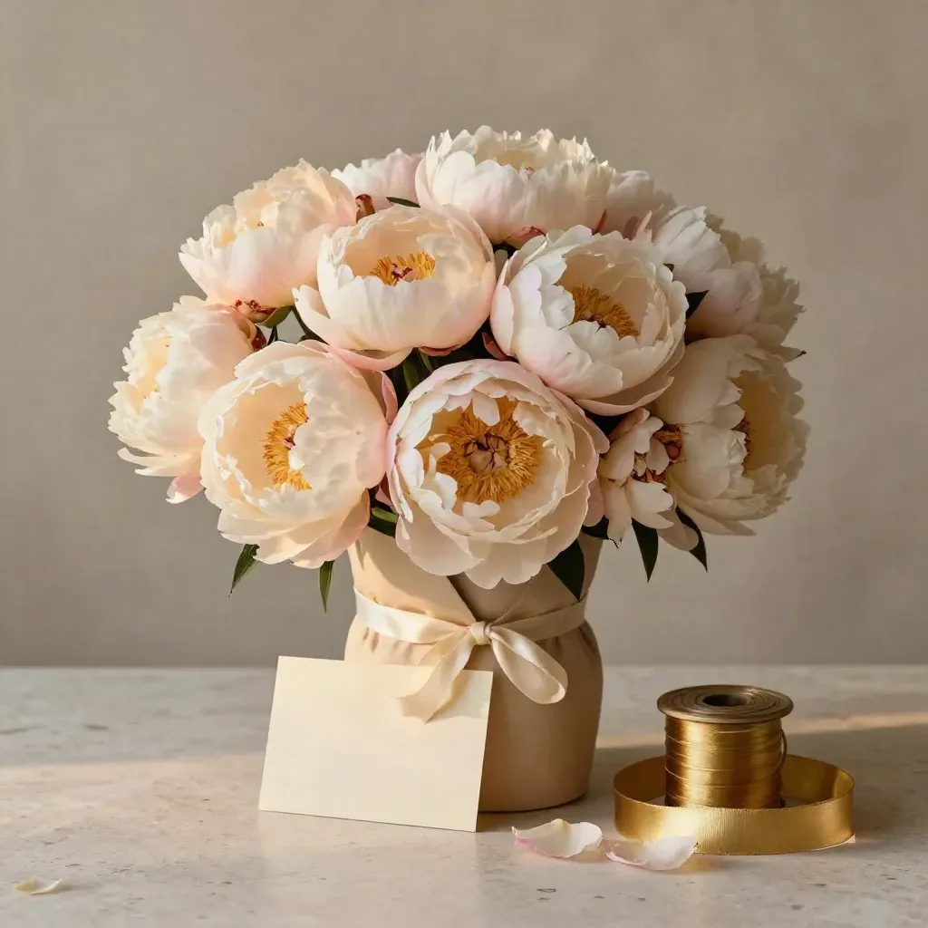 Bouquet di peonie rosa avvolte in carta naturale su travertino chiaro, con nastro avorio.