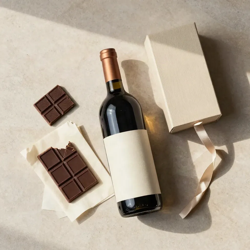 Flatlay zenitale di box vino e cioccolato su pietra chiara, elegante e raffinato