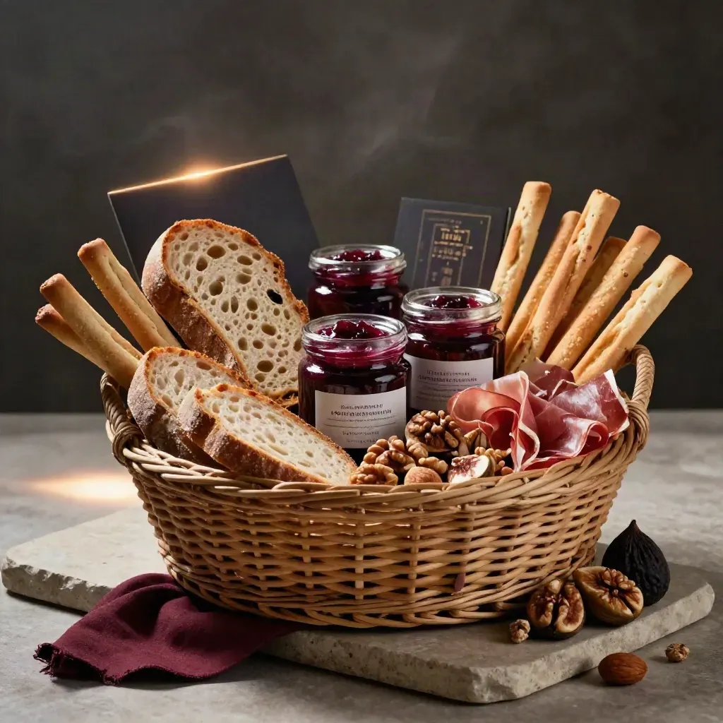 Cesto gourmet italiano con salumi, pane, conserve e frutta secca su pietra chiara.