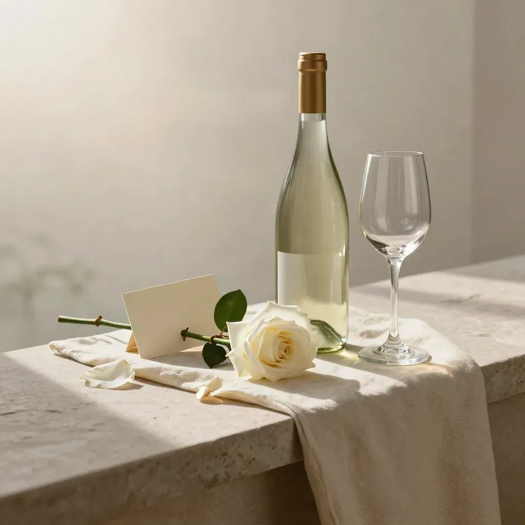 Rosa bianca, bottiglia di Vermentino e calice sottile su lino crema, luce morbida e calda.