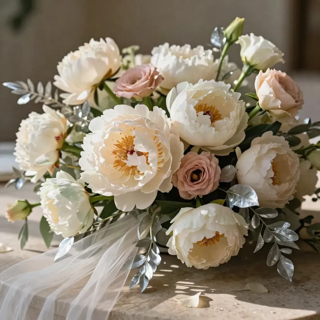 Centrotavola nuziale con peonie, lisianthus e foglie argento su travertino chiaro.