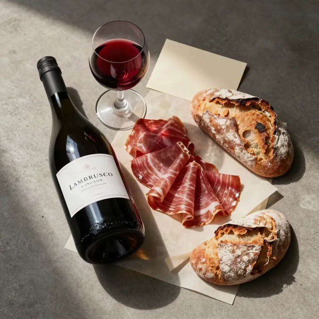 Flatlay overhead con Lambrusco, salumi affettati e pane rustico su cemento chiaro.