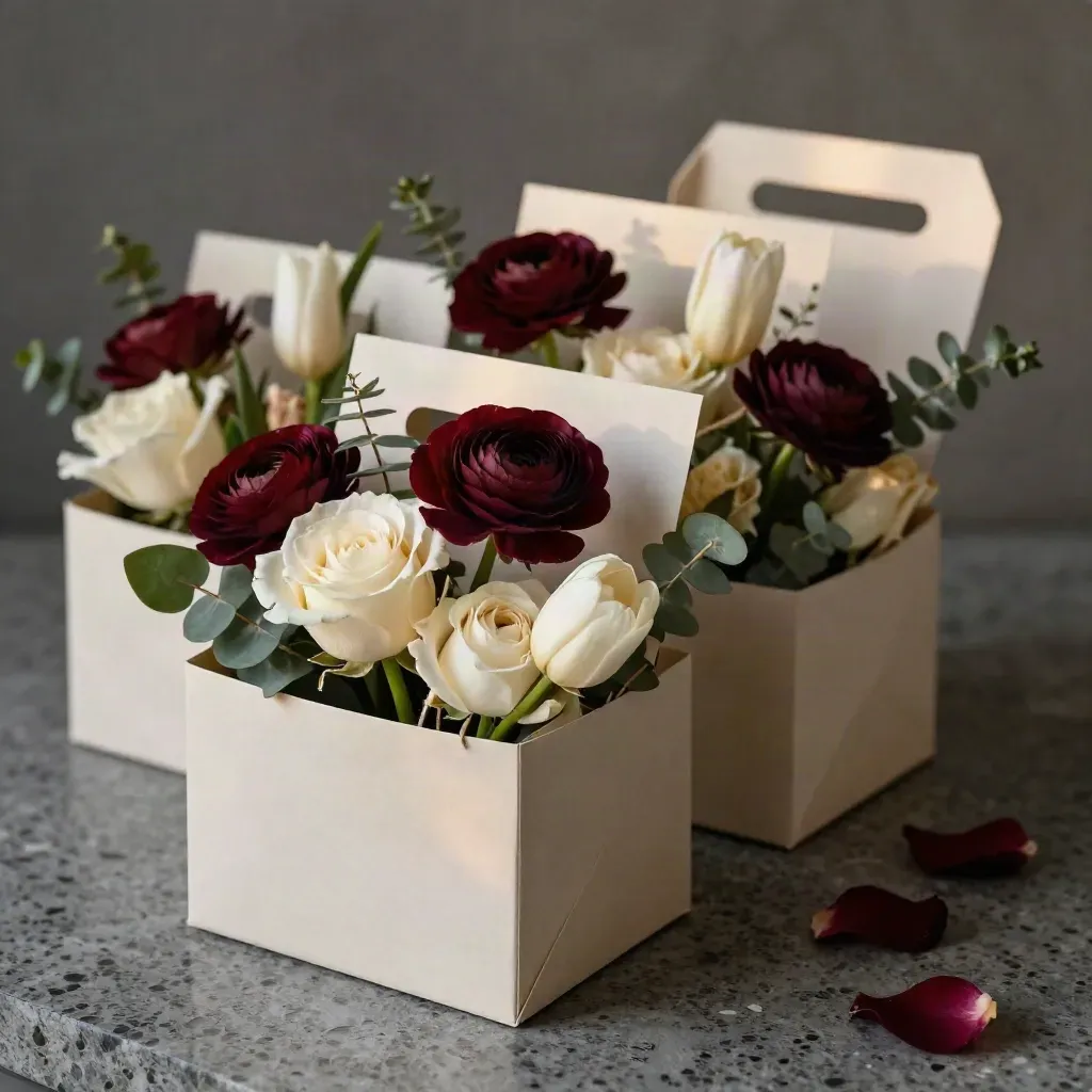 Tre scatole neutre con bouquet stagionali che emergono in sequenza su travertino chiaro.
