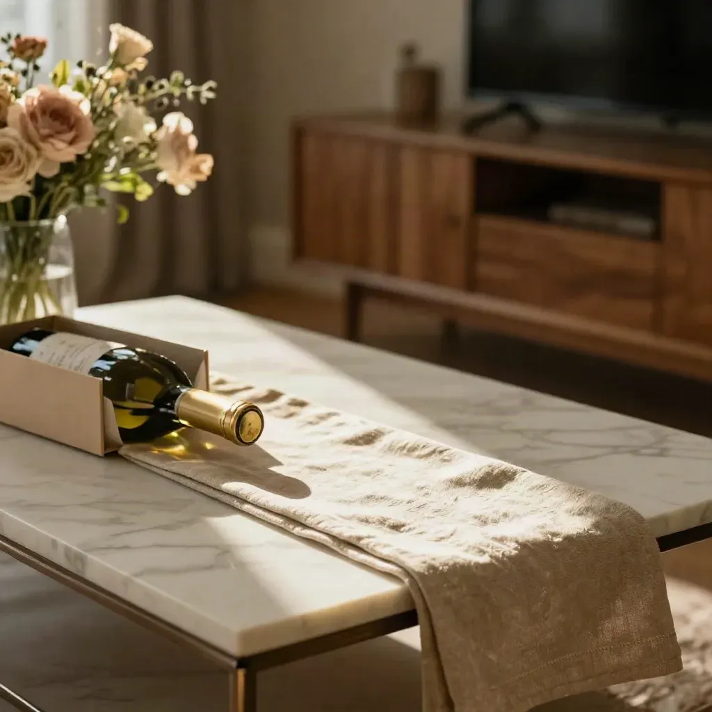 Salotto luminoso con tavolo in marmo avorio, bouquet sfocato in alto e spazio calmo per il testo.