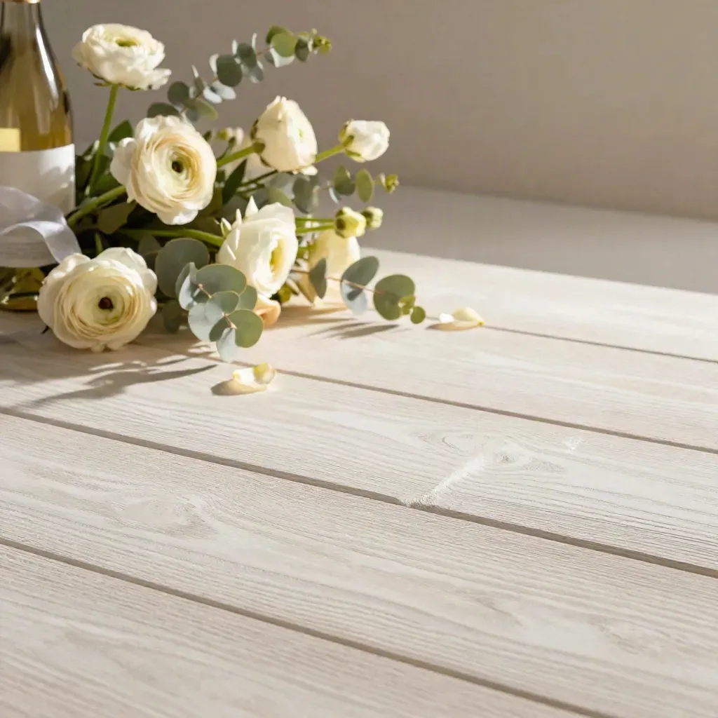 Tavola in legno sbiancato con bouquet sfocato e luce morbida dall’alto.