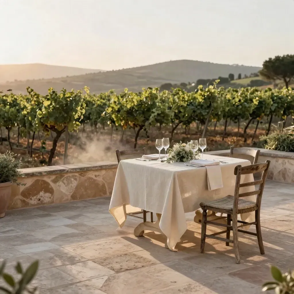 Terrazza mediterranea con vigneto, tavolo lontano e luce dorata al tramonto.